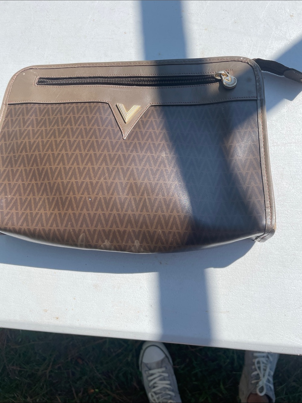 Mario Valentino Brown Monogram Cosmetic Pouch with Gold V Accent